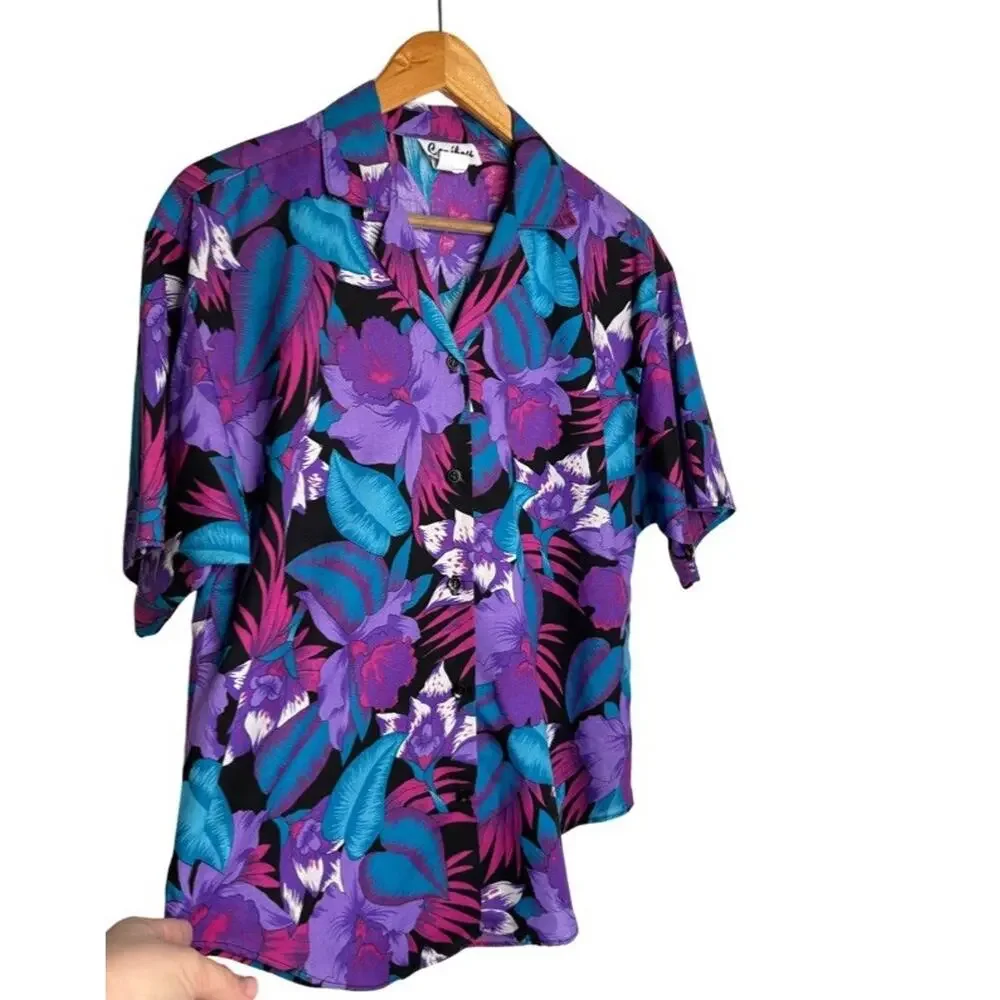 Y2K Caribou Button Up Hawaiian Womens Blue Purple Black Size 12 Cotton Blend